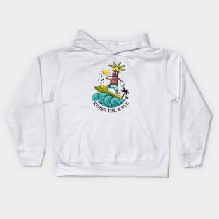 Riding the Wave, a coconut tree cartoon mascot who surfs the waves Kids Hoodie